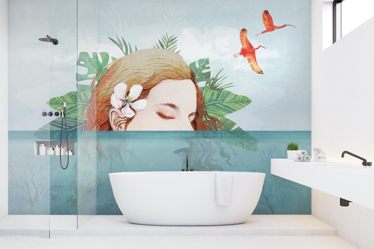 yume carta da parati per ambiente bagno moderno con donna e fauna