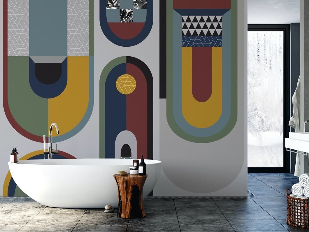 club carta da parati con forme geometriche variopinte per ambiente bagno