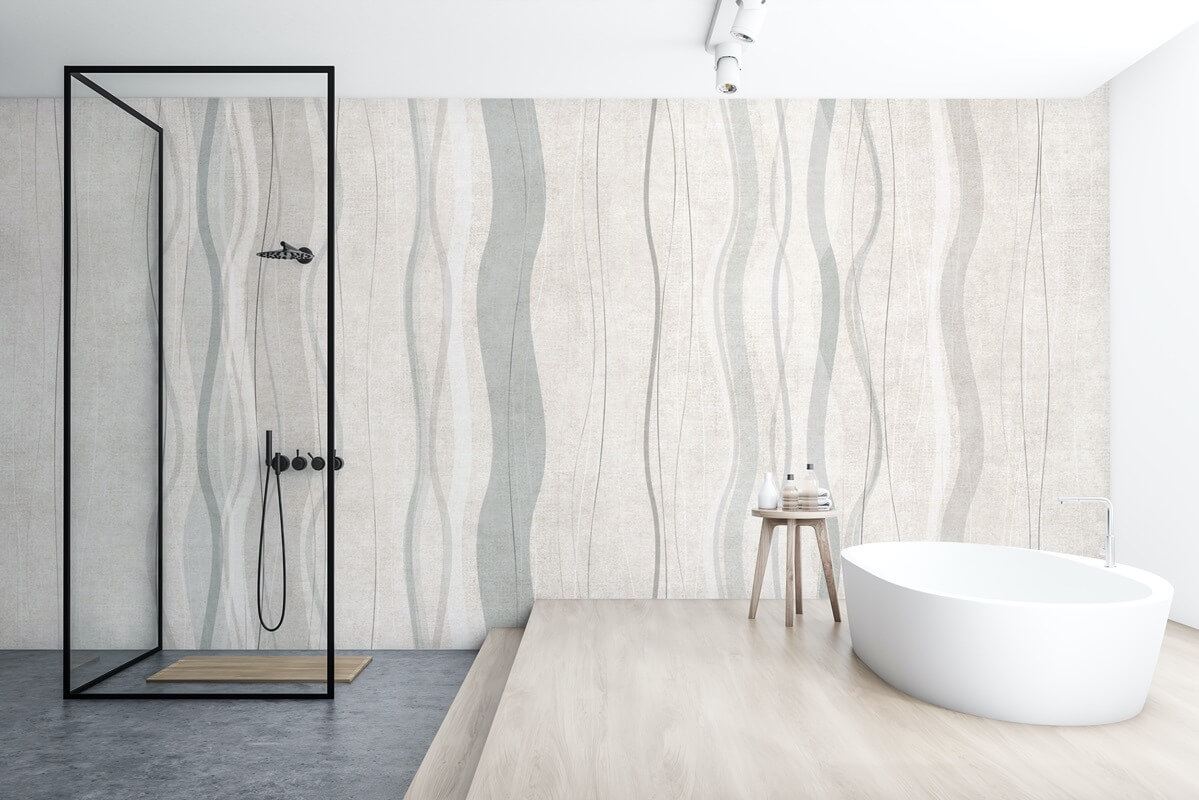 carta da parati retrò wave sui toni del grigio per bagno minimale