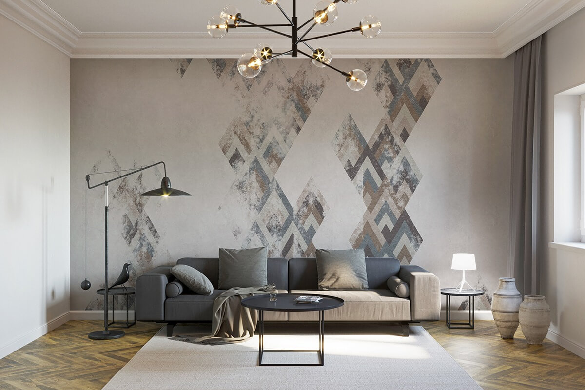 diamond shabby per zona giorno con carta da parati a rombi