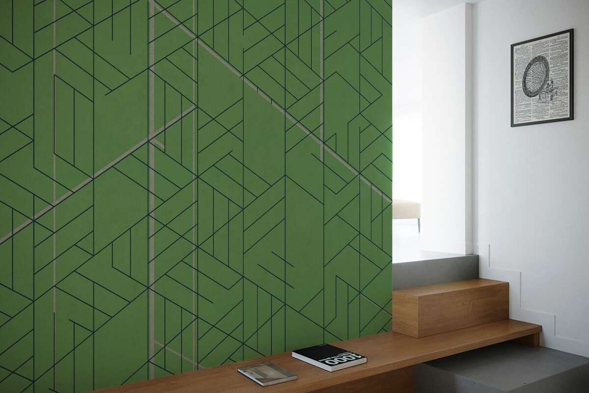 carta da parati sequence versione verde a contrasto con mobilio color legno