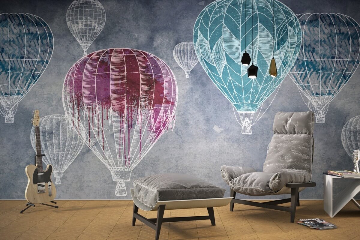 ballons blu carta da parati con mongolfiere colorate per salotto