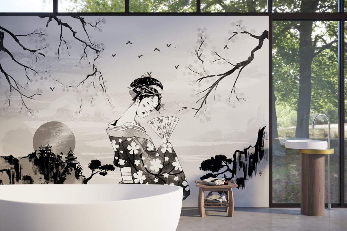 hanami bianco e nero carta da parati per bagno con geisha tradizionale