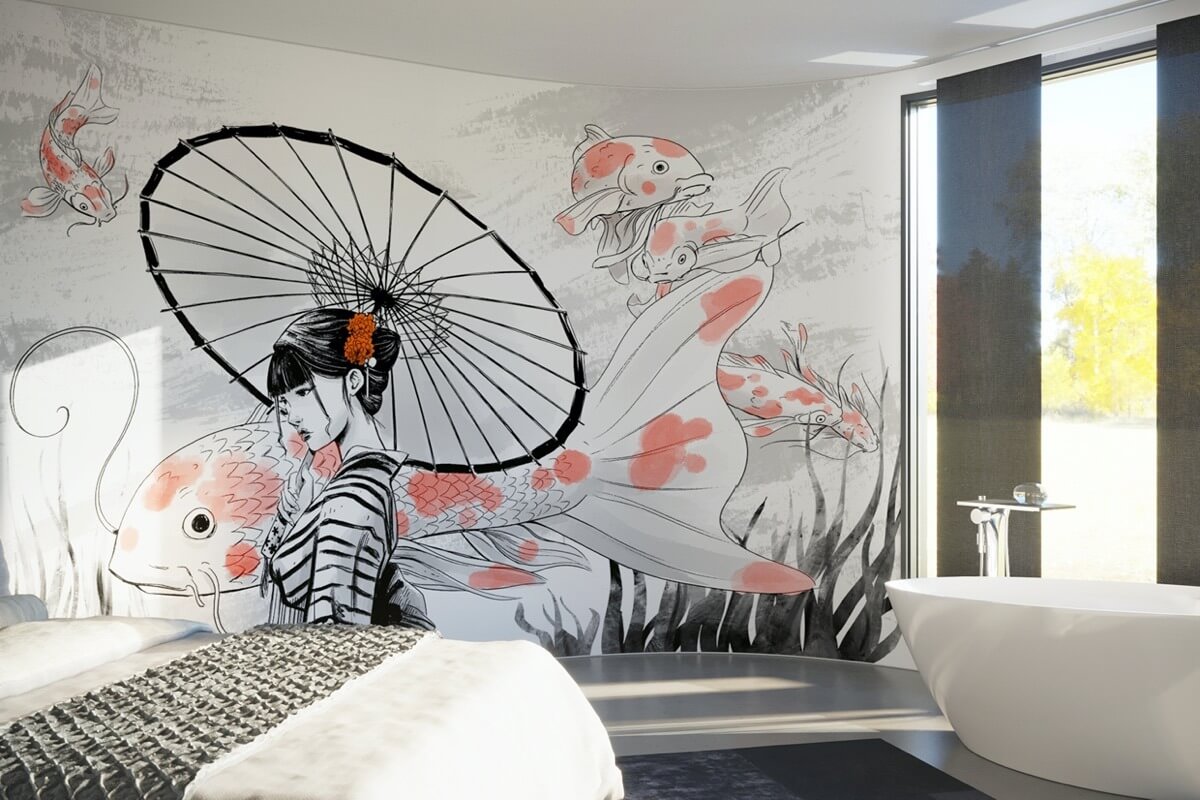 koi colore bianco carta da parati per camera da letto in stile giapponese con carpa e geisha