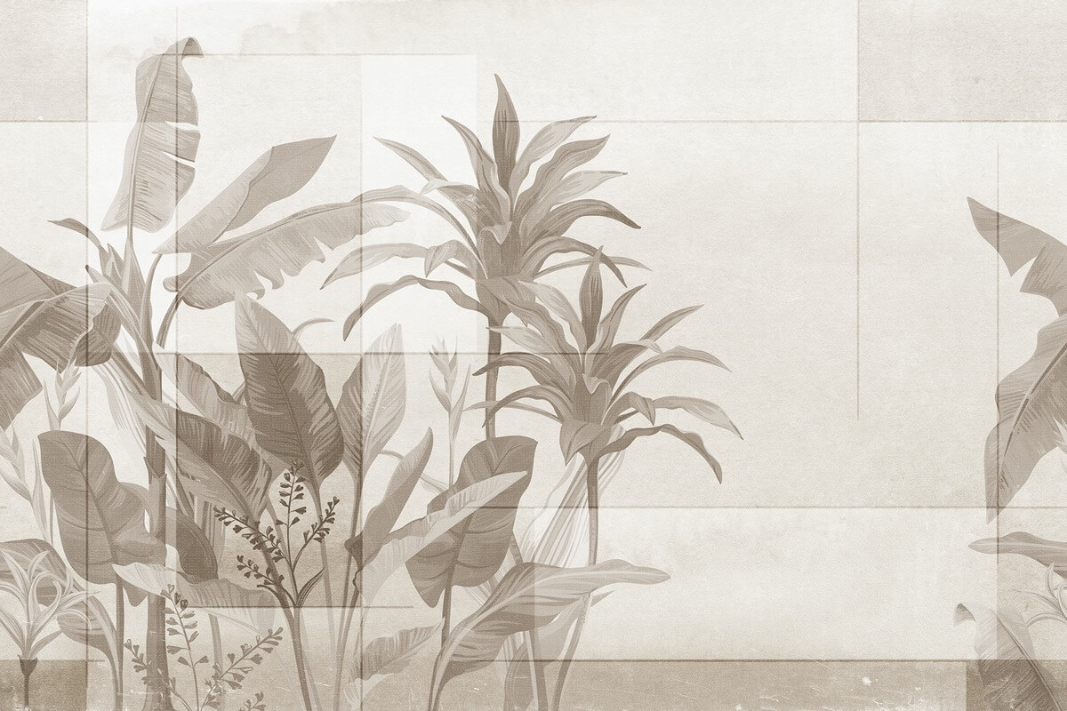 Bali carta da parati a tema floreale con foglie e palme con declinazione monocromo seppia