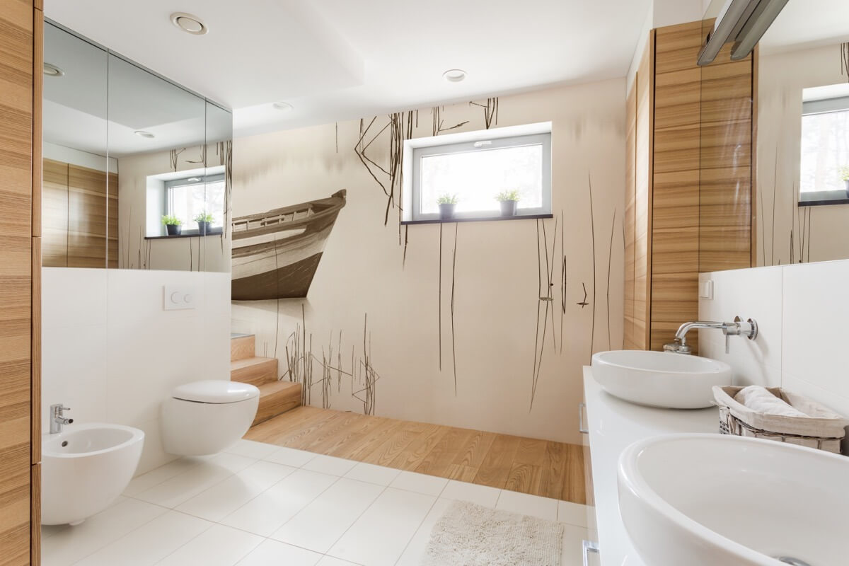 carta da parati per bagno con barca modello tahoe colore seppia